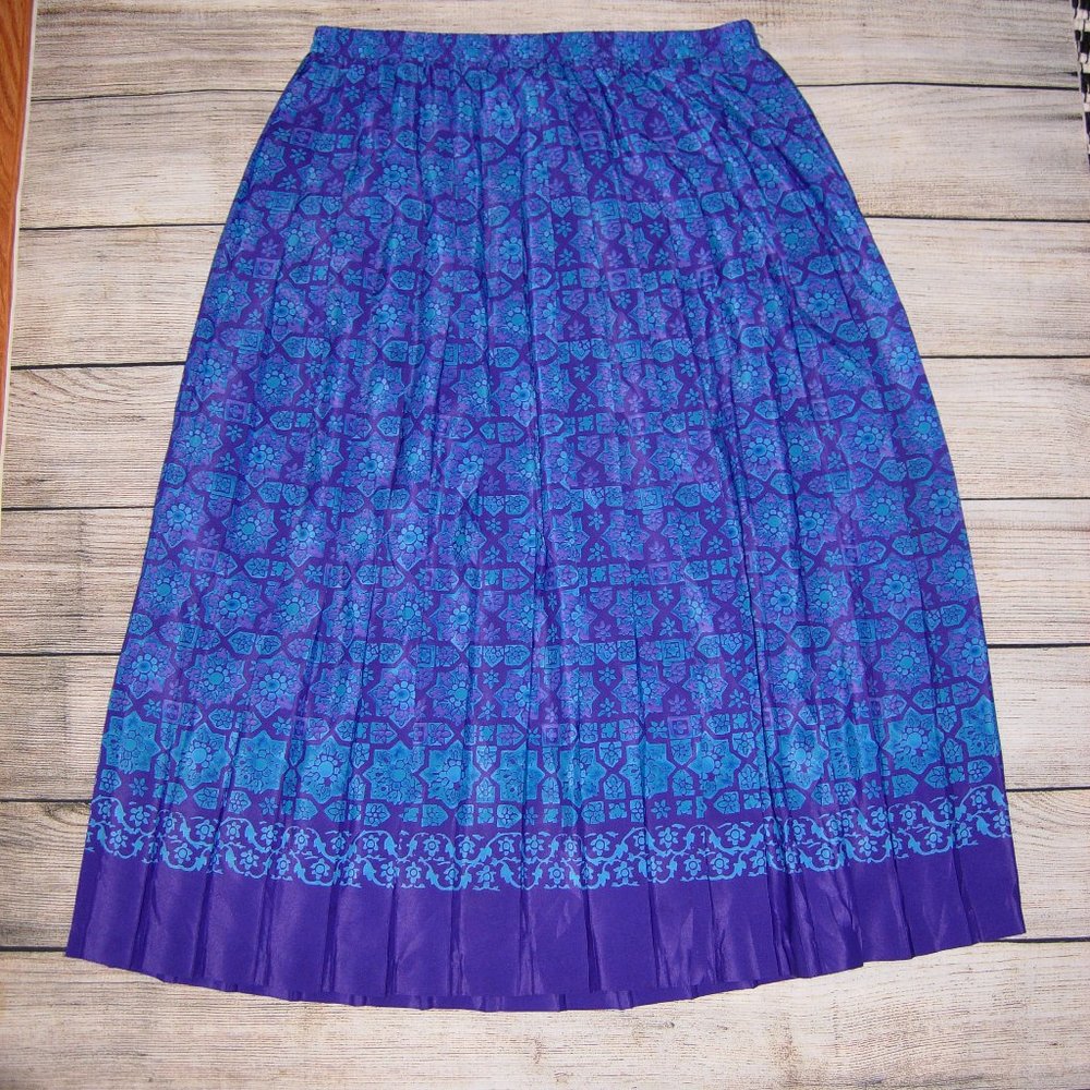 Leslie Fay Purple Blue Pull On Pleated Midi Skirt 14